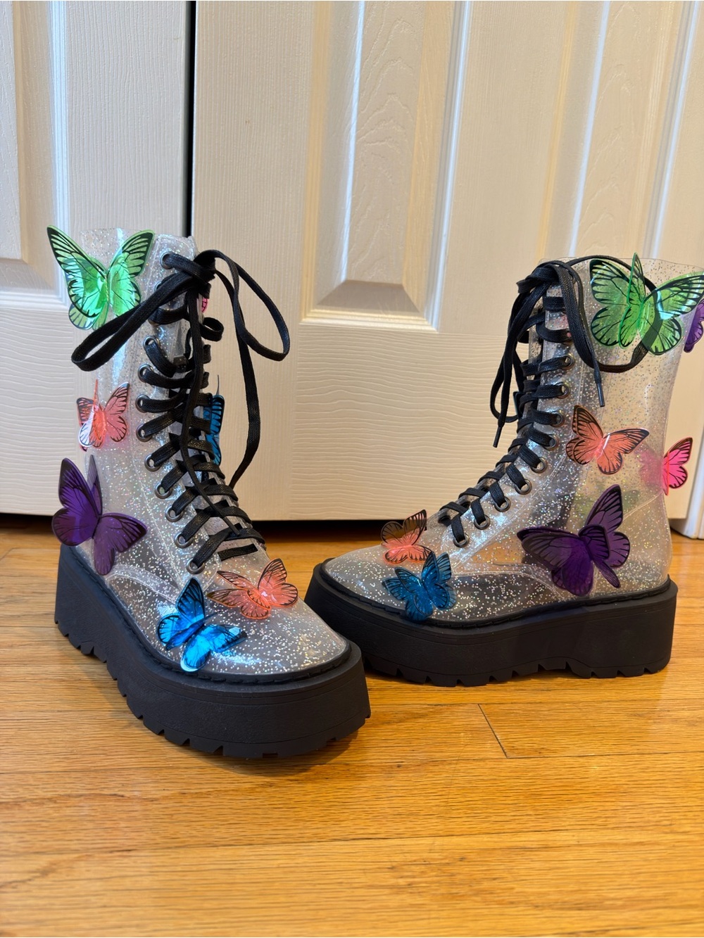 Glitter 3D Butterfly Lace-Up Platform Boots
